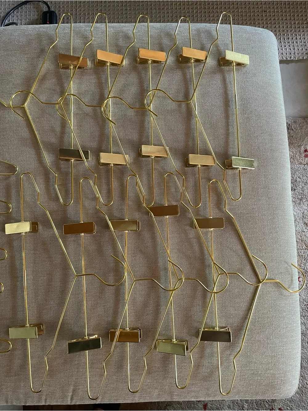 Gold Metal Wire Clothes Hangers, Heavy Duty, Adjustable Clips, Set of 15